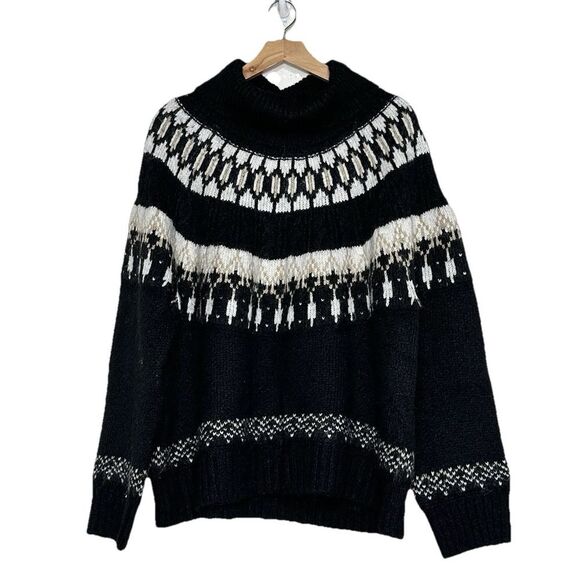 Old Navy Black White Tan Fair Isle Soft Wooly Sweater Turtleneck Cozy XXL 2XL 2X - Picture 1 of 8